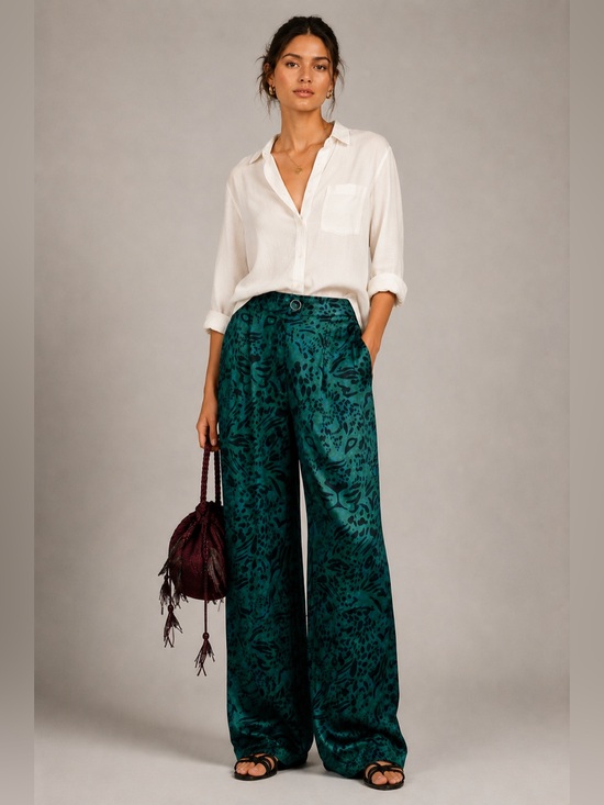 Corey Lynn Calter Pants - Anthropologie Corey Lynn Calter Teal Satin Jungle Print Wide Leg Pants. Small